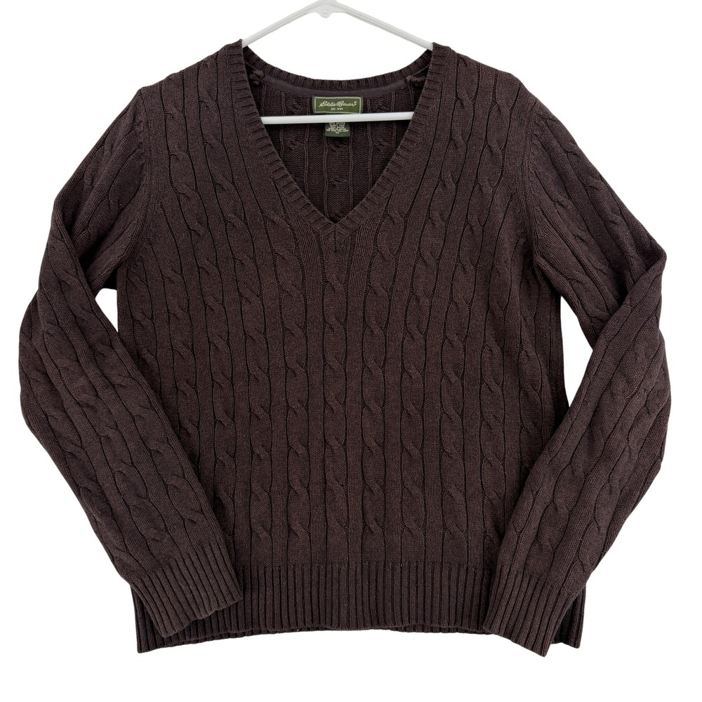 Eddie Bauer Sweater Womens Medium Brown Cable Knit V Neck Angora Rabbit Japan